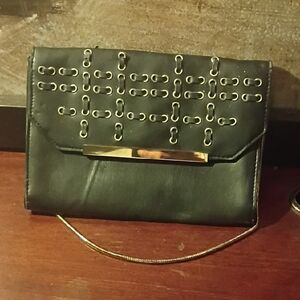 French Connection Black Clutch with Gold Chain Detail